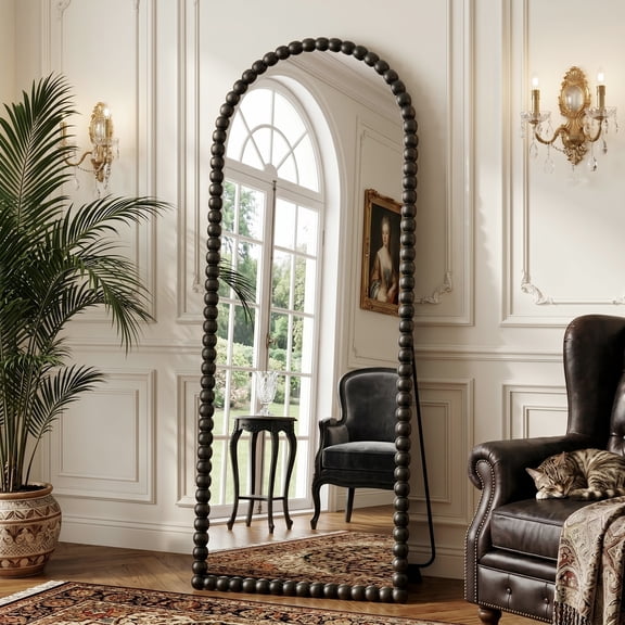 Antok 57"x21" Arched Full Length Mirror, Beaded Metal Frame Floor Mirror, Black
