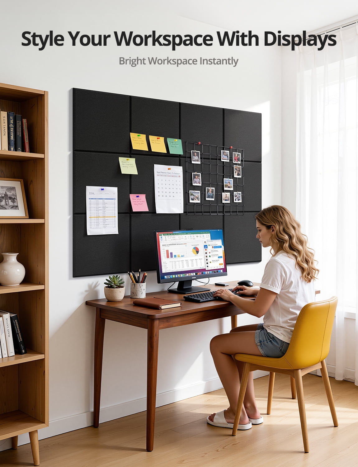 Kuchoow Large Cork Boards for Walls 48" x 36" Bulletin Boards with Pushpins for Office, 12 Pack Self-Adhesive Tack Board Self-Adhesive Black Felt Wall Tiles for Room Classroom