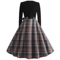 thumbnail image 3 of Women's Long Sleeve Plaid A-Line Dress with Belt Elegant Retro Vintage Swing Dress for Party & Casual Wear, 3 of 3