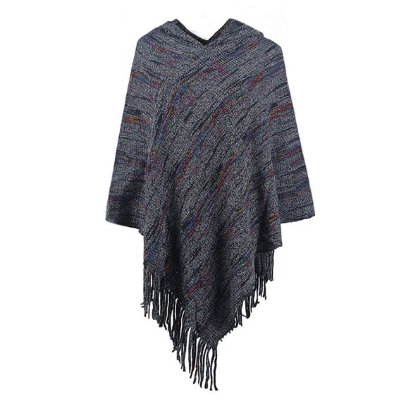 Xfvqtps Womens Hooded Cape Pullover Fringed Hem Knitting Colorful Stripe Comfortable Soft Sweater Fashion Casual Warm Fall and Winter Top Black