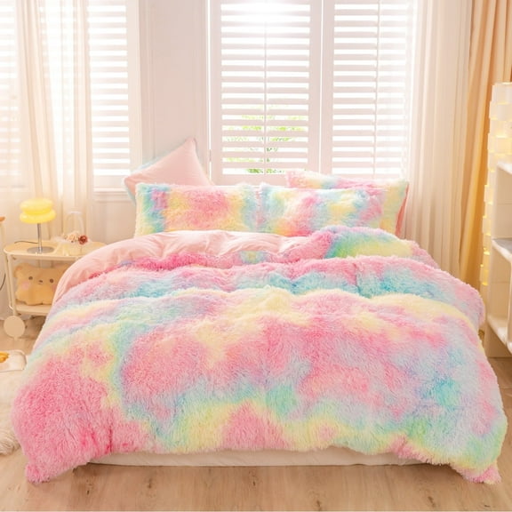 URBONUR 3Pcs Pink Faux Fur Twin Comforter Set for Girls Tie Dye Rainbow Kid Bed Set Plush Shaggy Bedding Sets Fuzzy Bed Comforter Sets(1 Fluffy Comforter 2 Faux Fur Pillowcases)