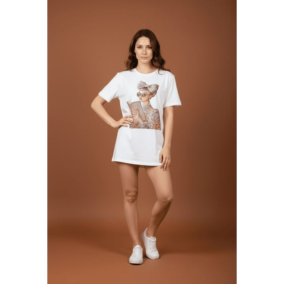 Terry Macc Diva Graphic Crystal, Hand-Embellished Stones and Pearls, 100% Cotton T-Shirt, Unisex One Size