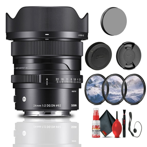 Sigma 24mm F/2 DG DN Contemporary Lens for Sony E (403965) Bundle: Lens Hood, Magnetic Metal Lens Cap, Front and Rear Caps, Lens Pouch, 3-Piece Filter Kit, Full Cleaning Kit