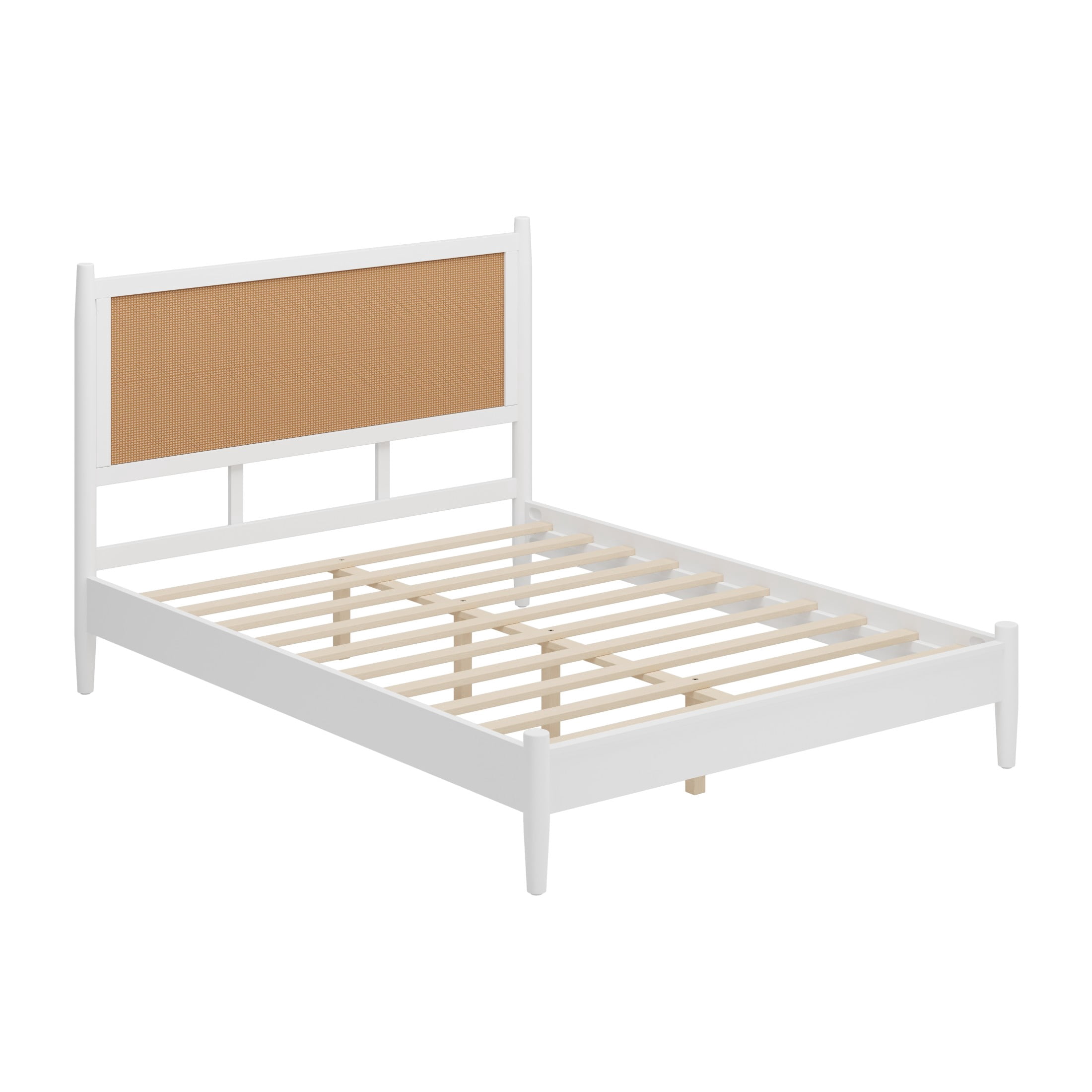 Christopher Knight Home Boho Queen Platform Bed Frame with Rattan Headboard, Wood Slat Support, White