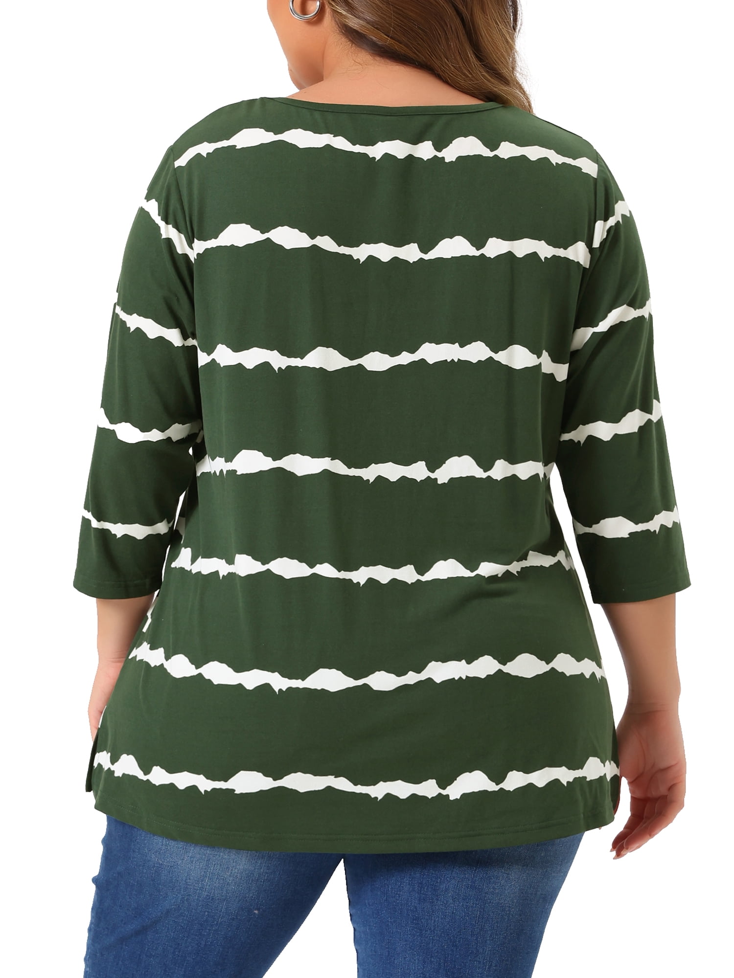 Unique Bargains Women's Plus Size V Neck 3/4 Sleeve Striped Tie Dye Blouse 1X Dark Green