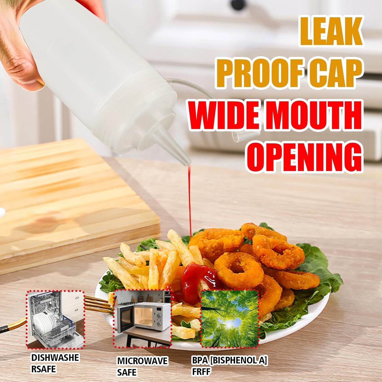 Squeeze Bottles for Sauces,Leak-Proof Condiment Dispenser, BPA-Free Kitchen Restaurant Bottle Set with Wide Mouth Ketchup, Mustard,Syrup,Dressings (White, 2Pack-16oz(400ml))