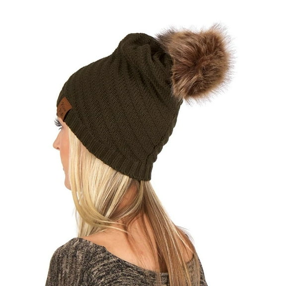 Karen Keith Beanie, Slouchy Warm Winter Hat, Knit with Pom-Pom on Top LTC Hats POM4 (Olive D)