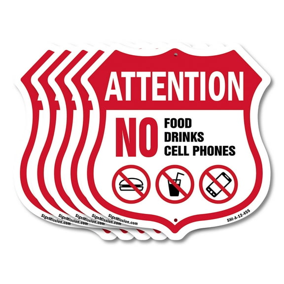 Property Shield Sign No Food No Drinks No Cell Phone (5 Pack) 12 inch X 12 inch Shield-Shaped Rust-Free Aluminum Metal Signs Weather Resistant, UV Protected for Workplace Made in the