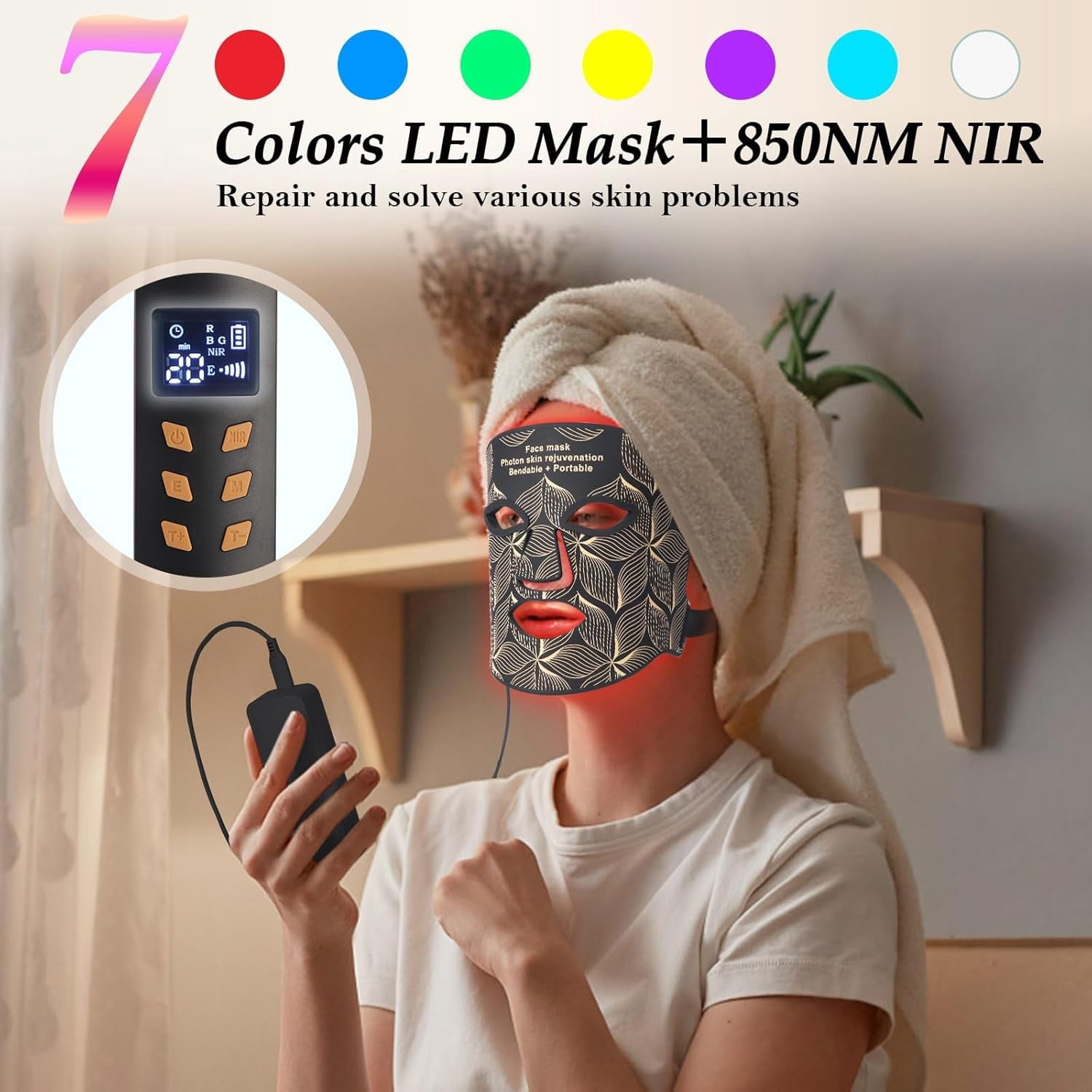 Red Light Therapy for Face,7 Modes LED Face Mask Light Therapy 850nm Wavelength Penetrates Deeply Into the Skin,With a Remote control Handle,Eye Mask,Timing Function for Skin Care at Home,Travel