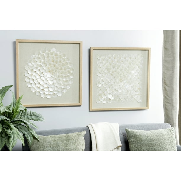 Decmode 23.5” Square Natural & White Shell Shadow Boxes Coastal Wall Art, Set of 2