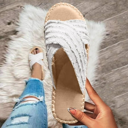 

Tangnade Women Shoes Fashion Plus Size Straw Cross Fisherman Shoes Bohemian Flat Slippers White 38