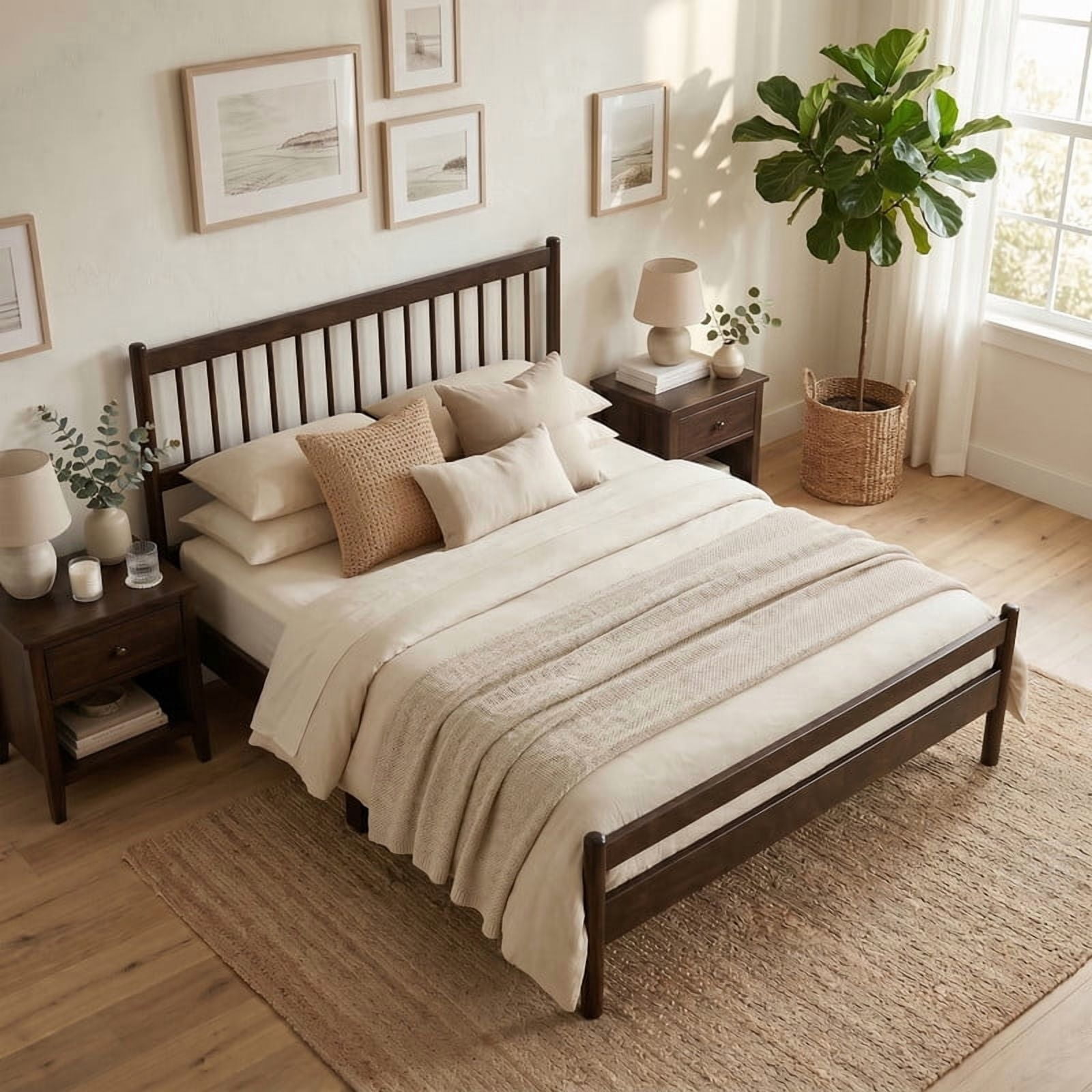 Queen Size Traditional Style Low Profile Platform Bed with Headboard and Footboard, Wood Bed Frame with Rounded Bedpost