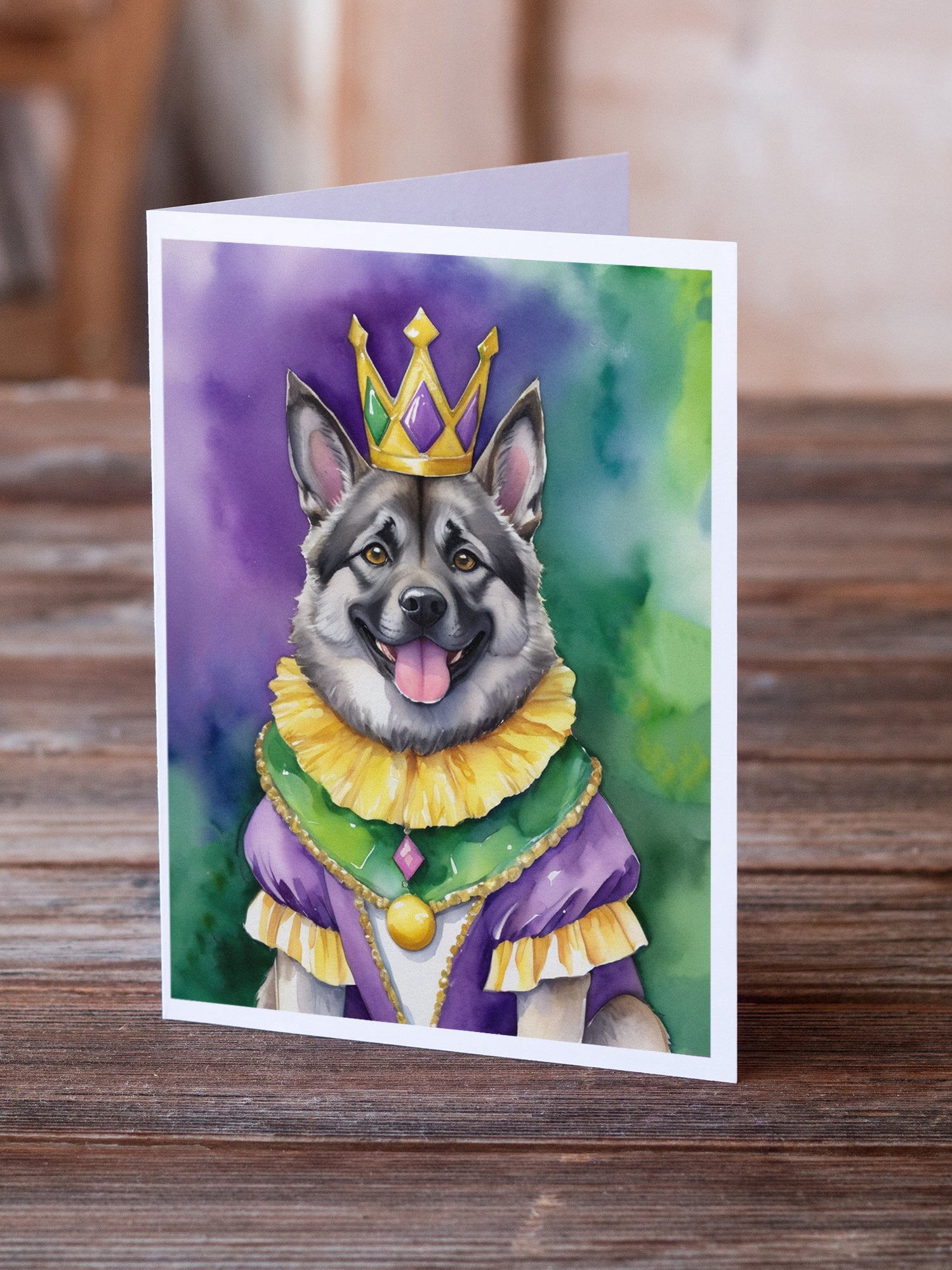 Norwegian Elkhound King of Mardi Gras Greeting Cards Pack of 8 7 in x 5 in