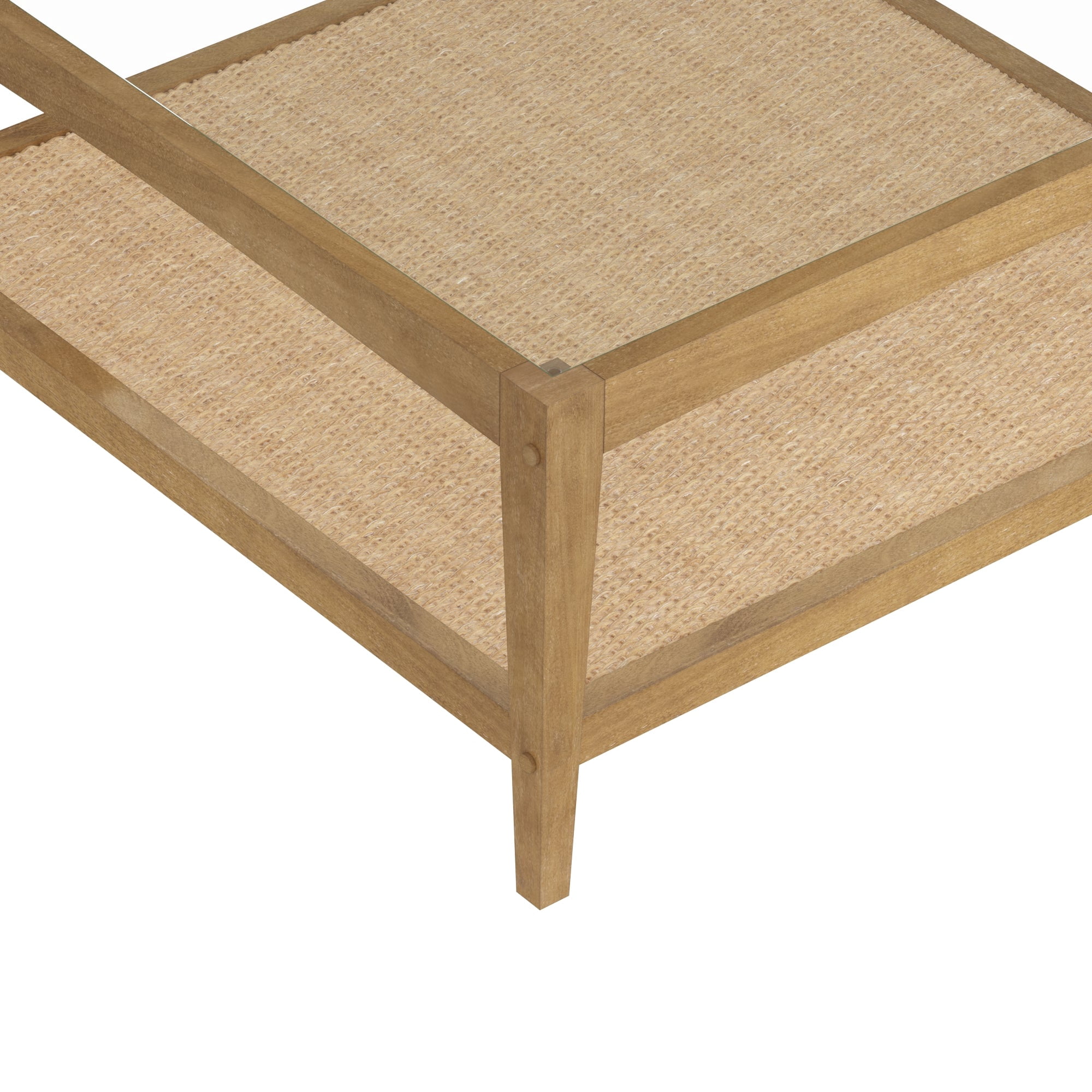 Nathan James Hayes Glass Top Coffee Table, Solid Wood Coffee Table with Glass Top and Rattan Bottom Shelf, Light Brown