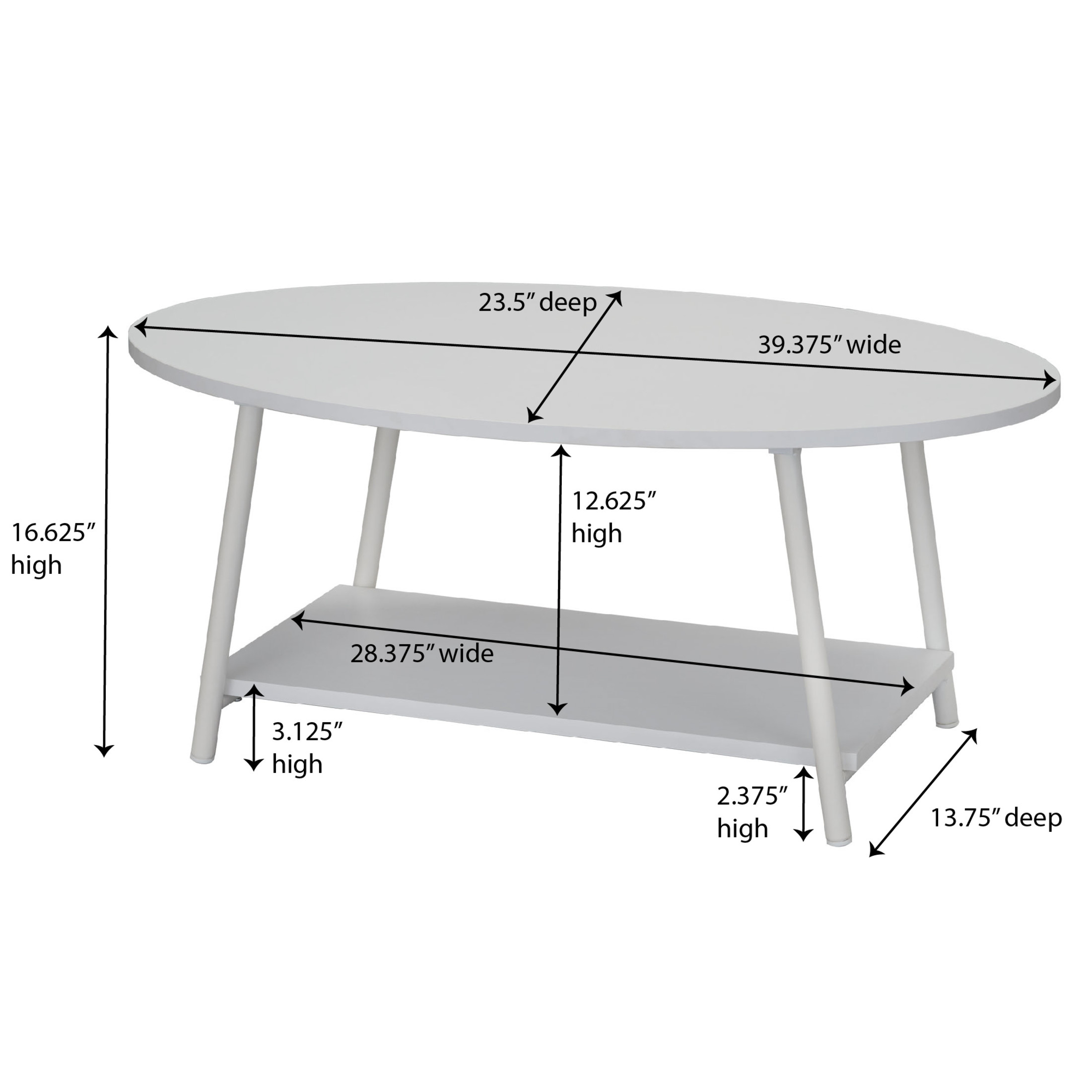 Household Essentials Oval Coffee Table with Lower Storage Shelf, Scandanavian White