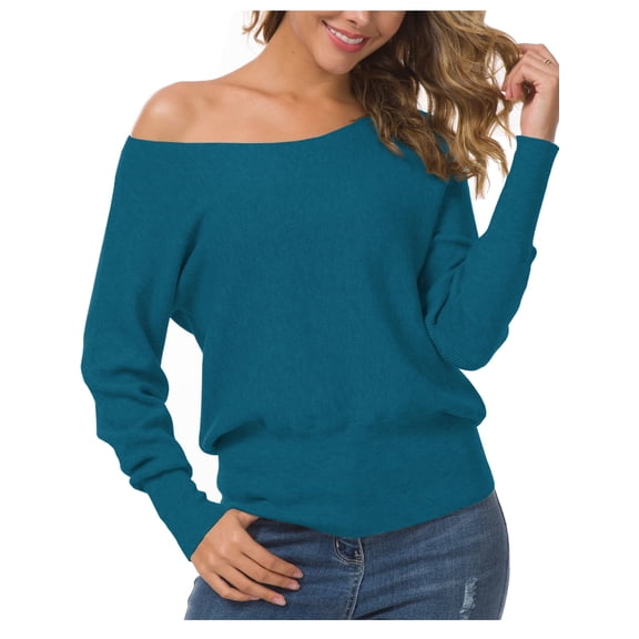 Anygrew Womens Off Shoulder Sweater Pullover Sweater For Women Knit Jumper,Peacock blue