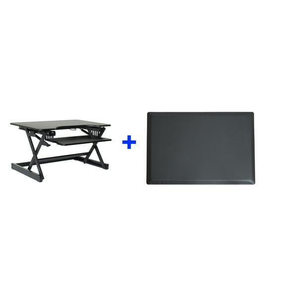 Rocelco 32in. Height Adjustable Standing Desk Converter BUNDLE | Sit Stand Computer Workstation Riser with Anti Fatigue Mat | Dual Monitor Retractable Keyboard Tray Gas Spring | Black (R EADRB-MAFM)