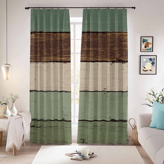 Green Brown Blackout Curtains for Bedroom/Living Room, Pinch Pleated Black Out Curtains, Country Wood Grain Abstract Stripe Room Darkening Window Drapes with Hooks 2 Panels, 59"x70"