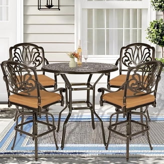 bar height patio table umbrella stand Hanover Manor 7-Piece Outdoor High-Dining Bar Set with Umbrella and Stand