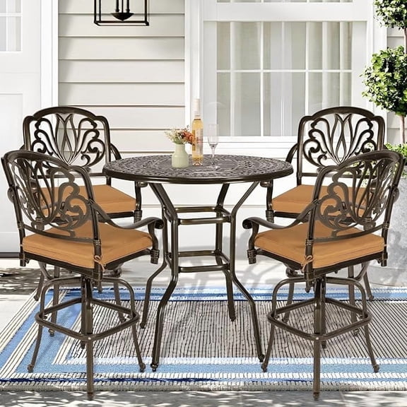 SOCIALCOMFY 5 Piece Bar Height Patio Dining Set, All Weather Cast Aluminum Swivel Bar Stools Chair Set of 4 and 38.5" High Bar Table W/Umbrella Hole, Outdoor Bar Table & Chairs Set for Deck Garden