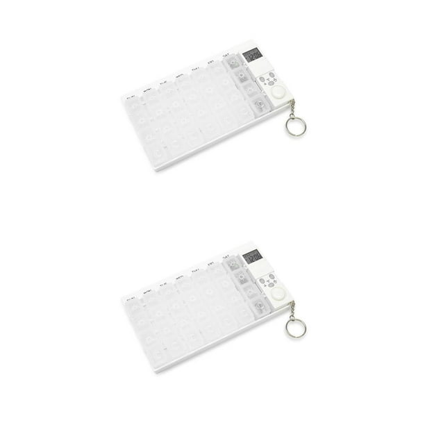 Bewildely Caja de pastillas inteligente semanal con alarma electrónica para acampar, senderismo, viajar, adultos, niños, portátil, organizador Blanco 2piezas