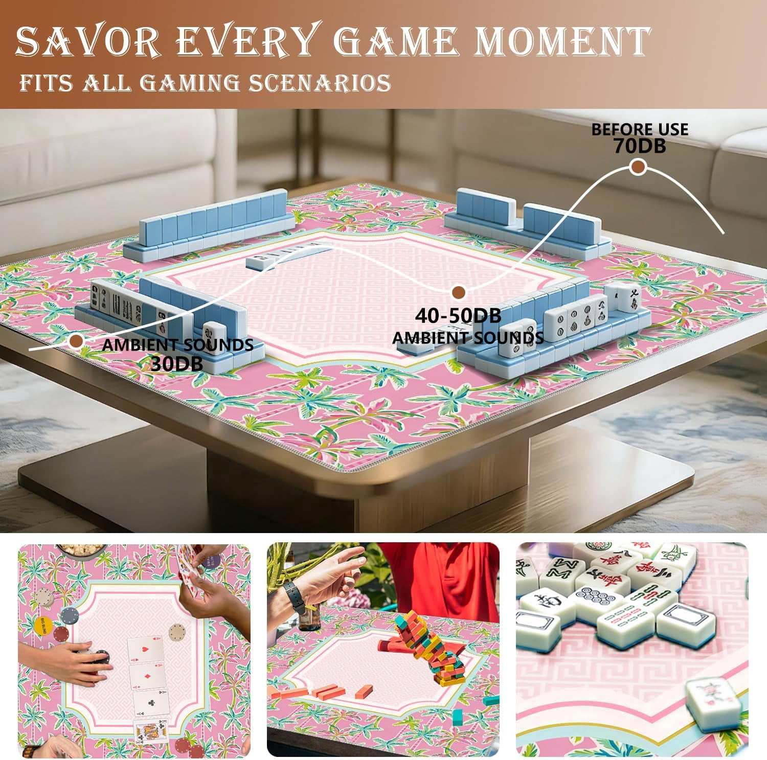 Pink and Green Tropical Mahjong Mat for Table 31.5x31.5 in, Summer Tropical Palm Tree Mahjong Table Mat Cover Anti Slip Noise Reduction for Mah Jong Card Board Tile Games