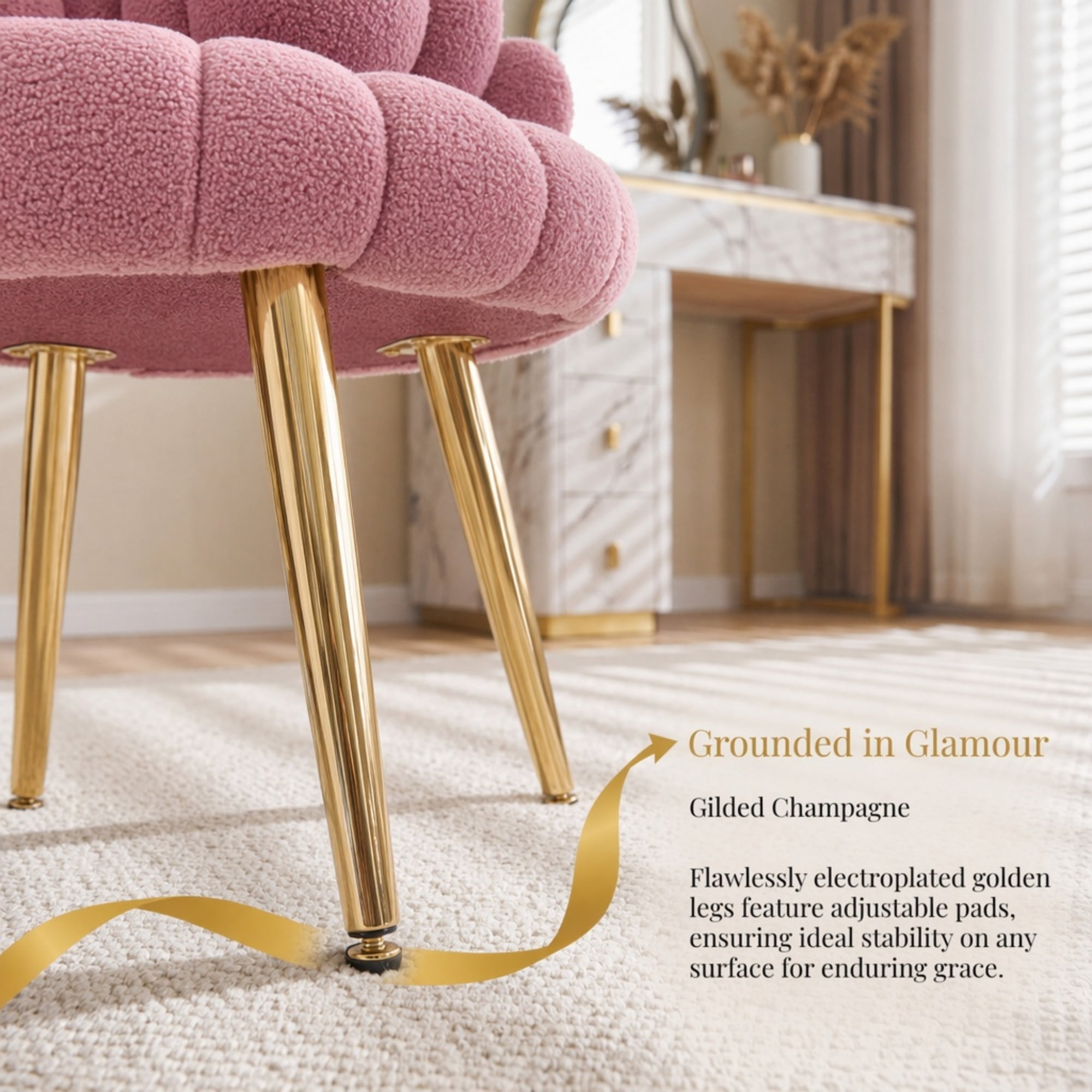 Ktaxon Vanity Makeup Chair with Teddy Velvet, Shell Design Accent Desk Chair with Lumbar Pillow and Gold Legs, Office Seating for Women Purple