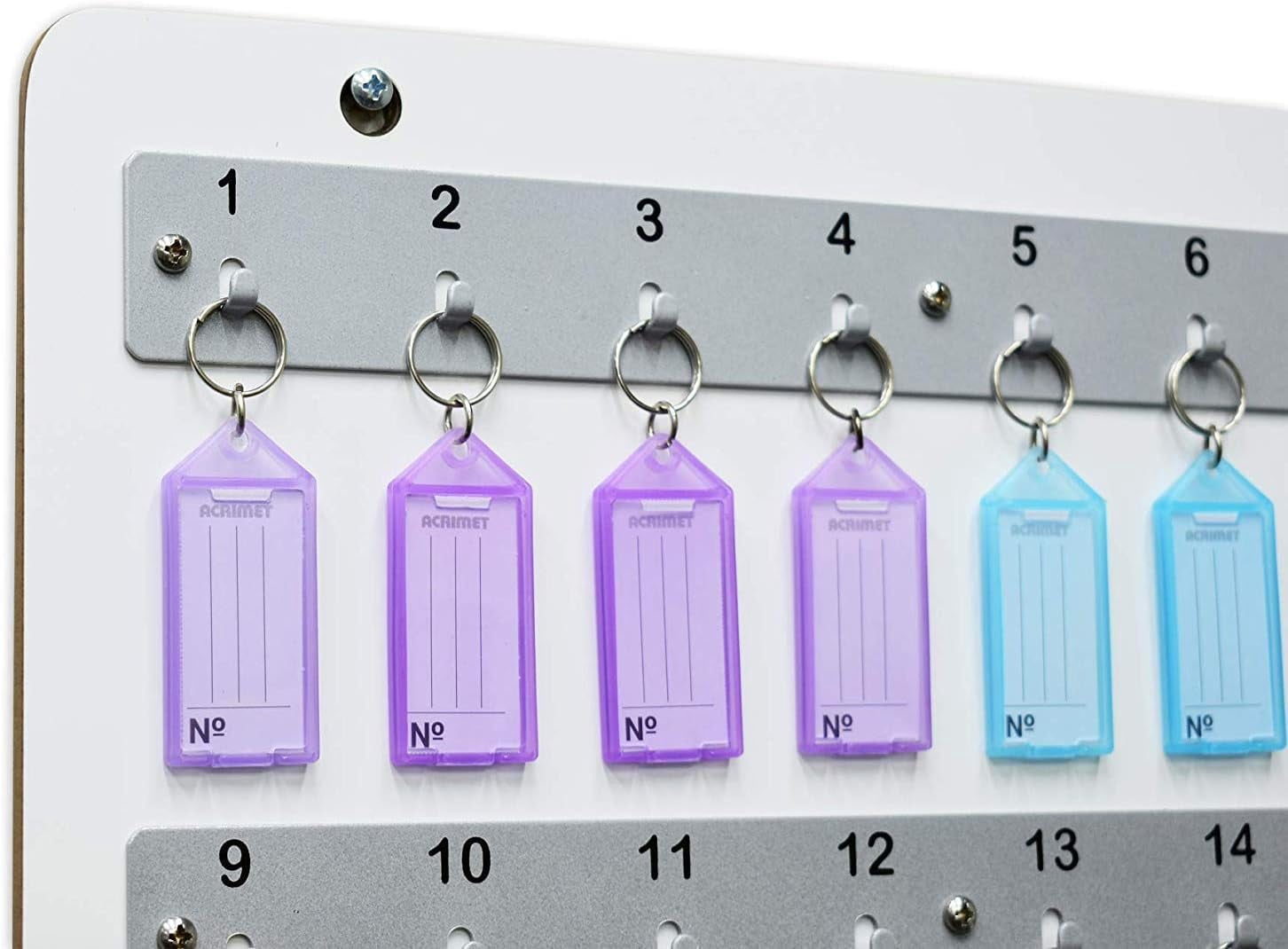 Acrimet Wall-Mounted Key Holder Rack – White Wood Board Key Stand Organizer with 32 Numbered Hooks – Includes 32 Plastic Key Tags with Metal Rings & Labels