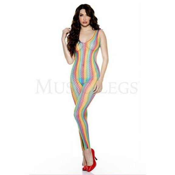 Mini rainbow net footless bodystocking with an open cut back and open crotch