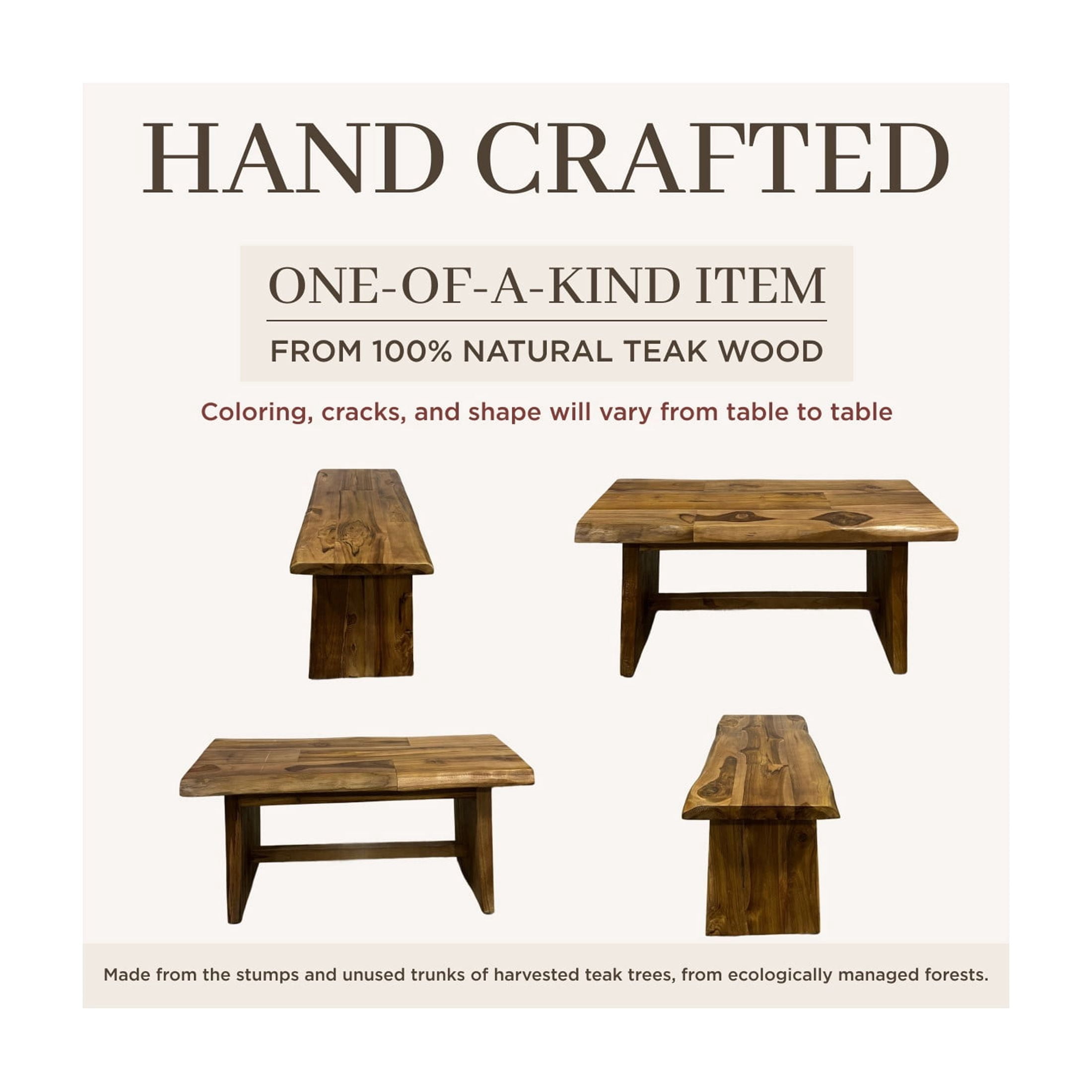 DecMode 35" x 18" Brown Teak Wood Handmade Natural Live Edge Coffee Table with Angled Base, 1-Piece