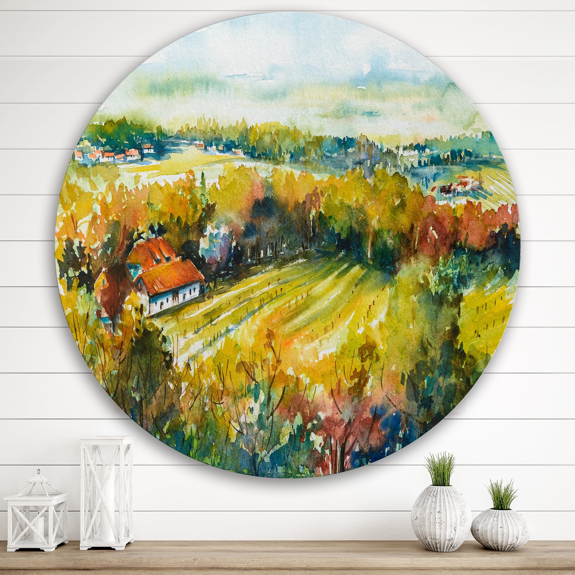 Designart 'Autumn Rural Landscape' Country Circle Metal Wall Art 36x36 - Disc of 36