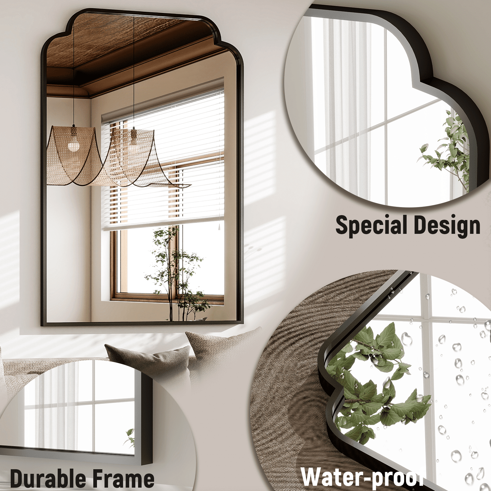 GRAHMCY 40"x30" Bathroom Mirror Arched Wall-Mounted Leaning Vanity Mirror with Deep Frame, Black