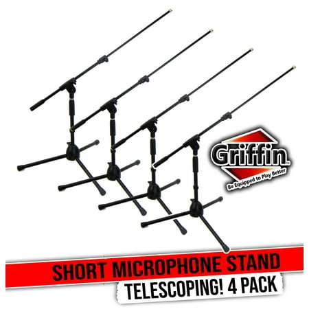 GRIFFIN Low-Profile Microphone Stand (4 PACK) | Short Tripod Mic Stand with Boom Arm for Bass Drum, Studio Recording, Stage Monitor Speakers & Guitar Amps | Small Height Telescoping Holder