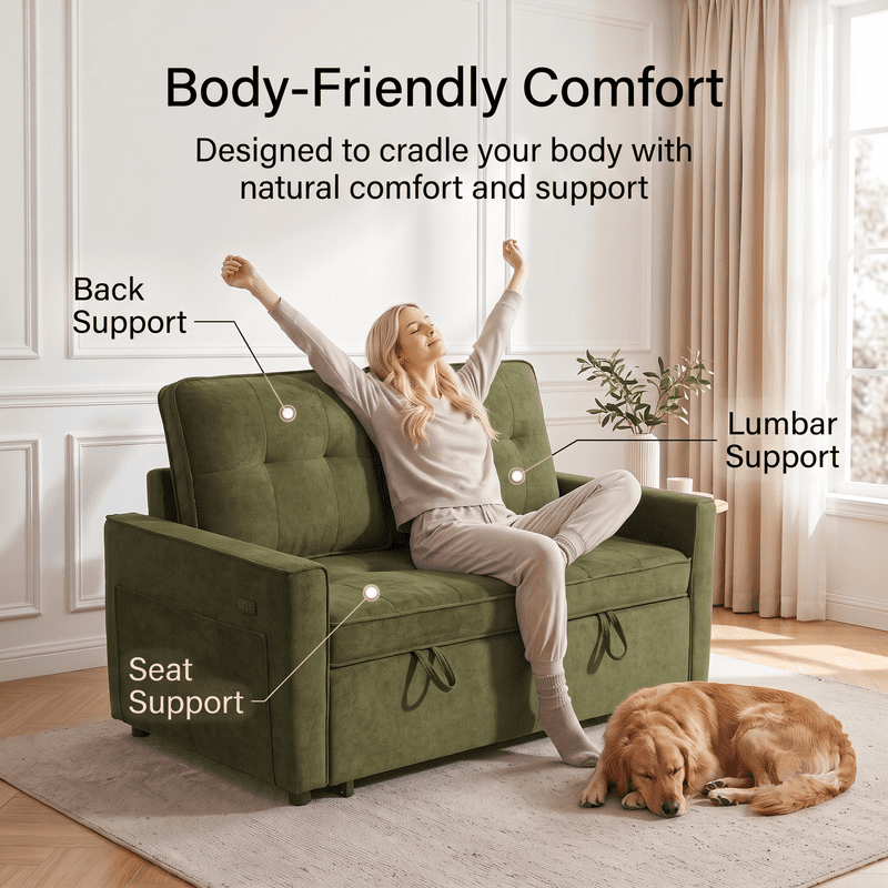 Gewnee 53" Sofa Bed, 3 in 1 Convertible Loveseat Sleeper Sofa, Pull Out Couch with USB Port, Futon Sofa Bed with Storage Pockets for Small Spaces, Teddy Fabric,Green