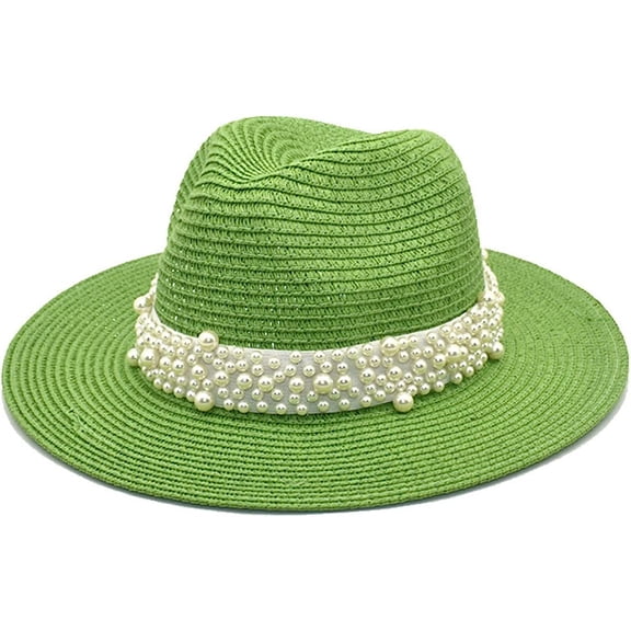 LINLIN Womens Classic Fedora Hat Trendy Felt Panama Hat with Pearl Belt Flat Top Wide Brim Classic Jazz Cap