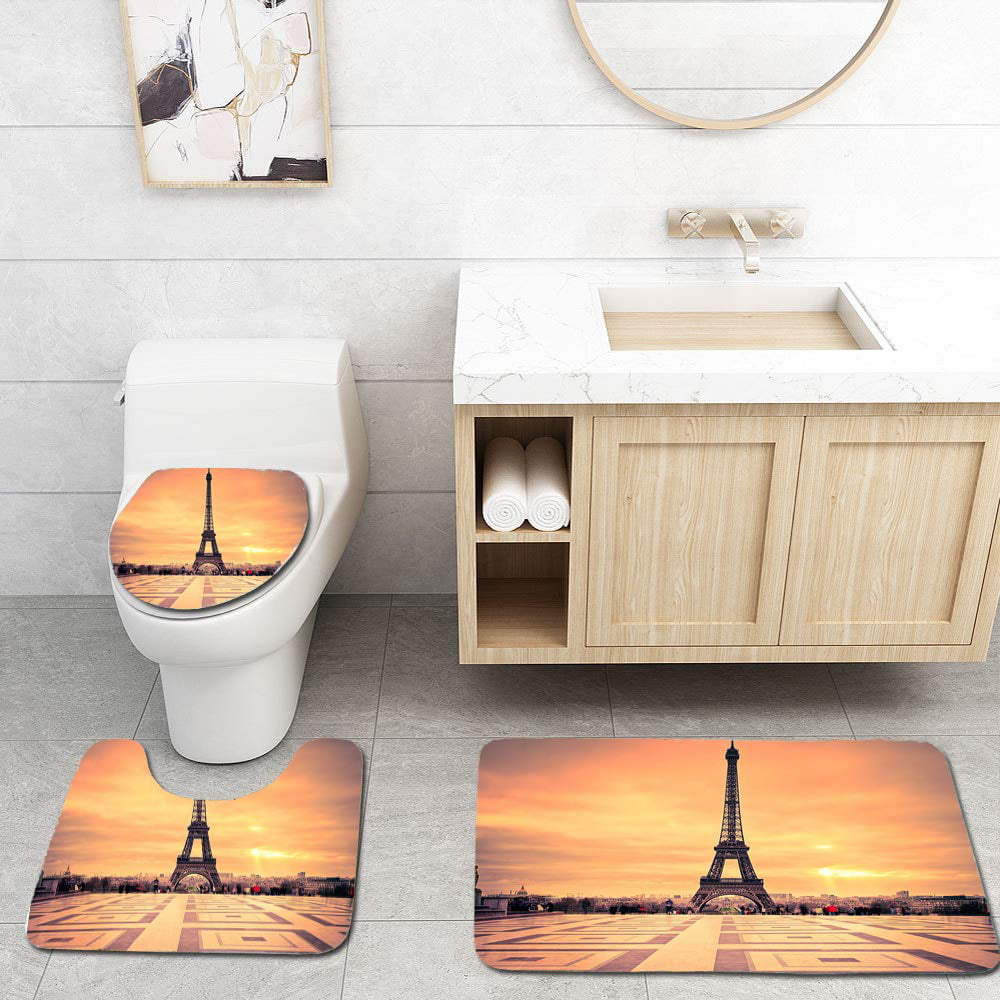 Details about   Eiffel Tower Bathroom Rug Set Shower Curtain Non-Slip Toilet Lid Cover Bath Mat 
