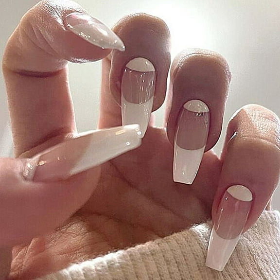 24pcs Press On False Nails Fake Nail Salon Full Cover Design for Women Girls Gift Extra Long Coffin French Style Smile Line