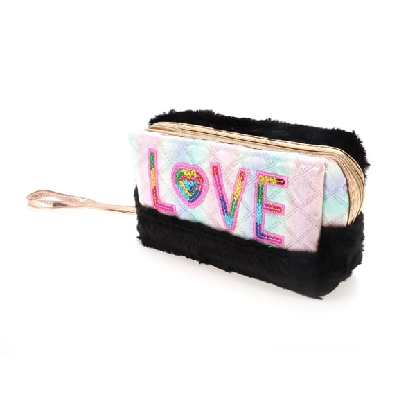 1 Pc Women Portable Sequin LOVE Makeup Bag for Travel Vacation Wedding Black Plush