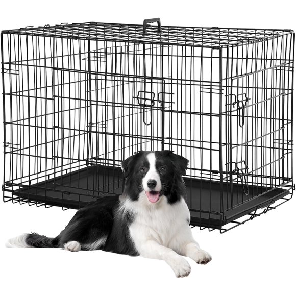 42 inch Foldable Metal Dog Crate Heavy Duty Dog Cages with 2 Doors& Divider& Tray& Handle, XL Dog Kennel for Medium Large Puppy, Black