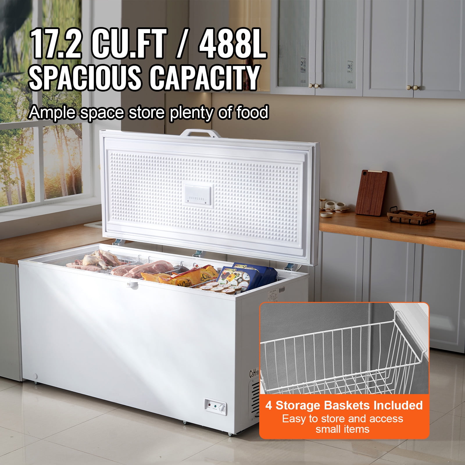 KFFKFF 17 Cu.ft Freestanding Chest Freezer, Large Capacity Deep Freezer with 4 Removable Baskets, Lockable Lid, Adjustable Temperature Range -18.4℉ to 50℉, LED Light, and 6 Wheels