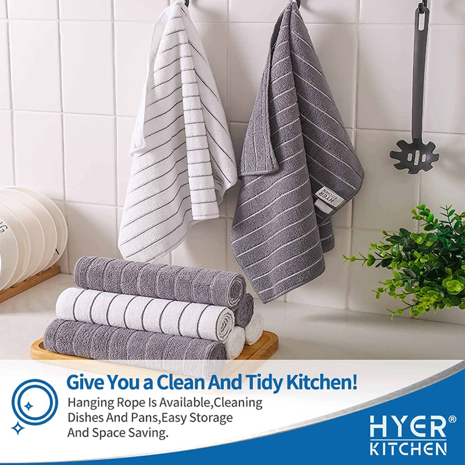 HYER KITCHEN Microfiber Kitchen Towels - Super Absorbent, Soft and Thick  Dish Towels, 8 Pack (Stripe Designed Grey Colors), 26 x 18 Inch