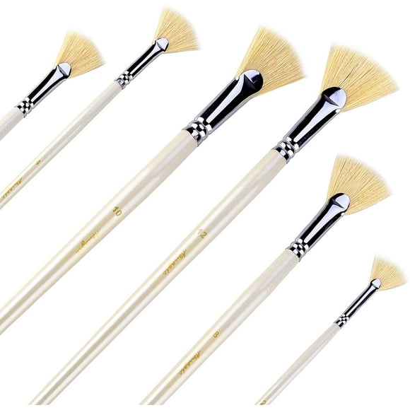Fan Brush Set - Hog Bristle Natural Hair - Artist Soft Anti-Shedding Paint Brushes for Acrylic Watercolor Oil Painting, Long Wood Handle with Case, Set of 6