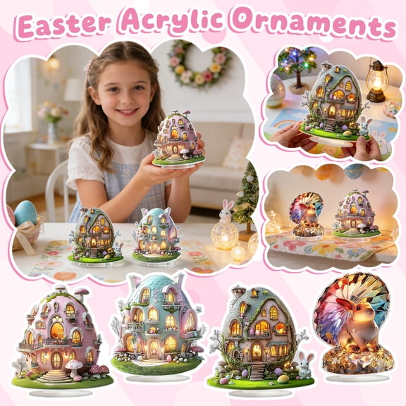4PCS 9.84in Easter Decorations 2D Acrylic Tabletop Signs Bunny and Egg House Set, Easter Acrylic Standing Decor for Home Pascua Party Display