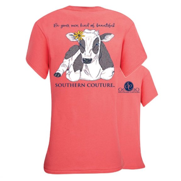Southern Couture Be Beautiful Cow Womens T-Shirt - Coral