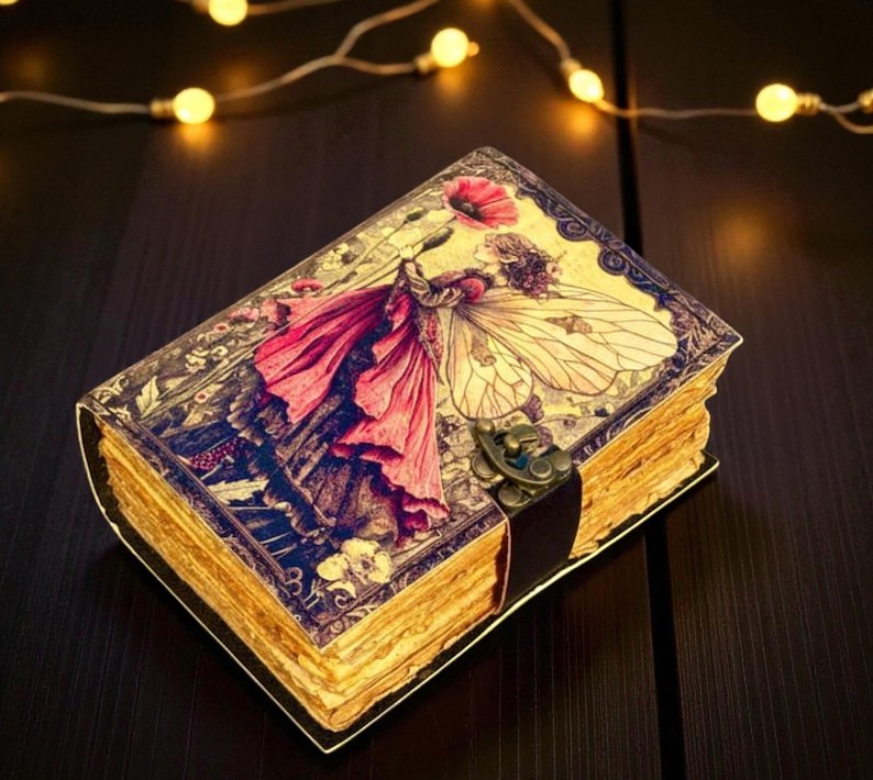 Handmade Leather Fairy Journal, 5x7” Vintage Notebook with 200 Handmade Pages, Antique Clasp – Fantasy Writing Diary & Gift