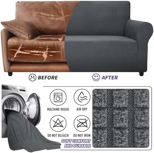 Super Stretch Couch Cover (72"-92") Universal Sofa Covers with Elastic Bottom, Dog Cat Pets Friendly Washable Furniture Protector Fitted Sofa Slipcovers Stay in Place (Dark Grey, Sofa)
