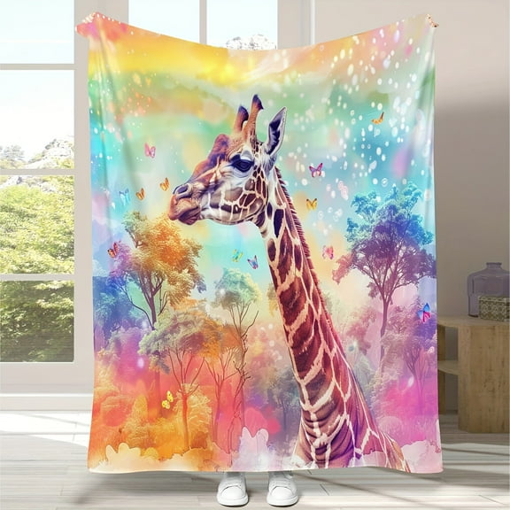 Colorful Giraffe Pattern Soft Flannel Fleece Blanket, Tropical Animal Theme Throw with Other Embellishments, Knitted All-Season Polyester Cover for Gifting to Friends