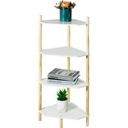 Modern Wood Side Table, Triangular Accent End Table Plant Night Stand with Magazine Storage for Bedroom, Living Room, Bathroom, White, 4- Tier