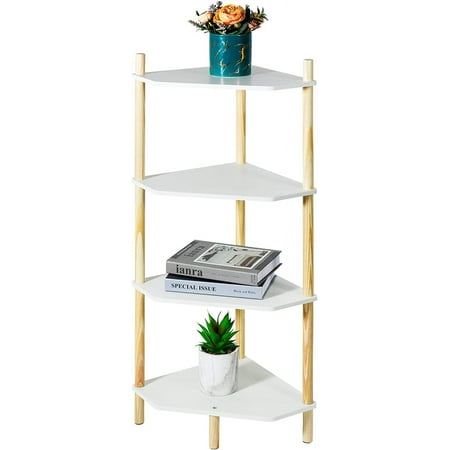 Modern Wood Side Table, Triangular Accent End Table Plant Night Stand with Magazine Storage for Bedroom, Living Room, Bathroom, White, 4- Tier