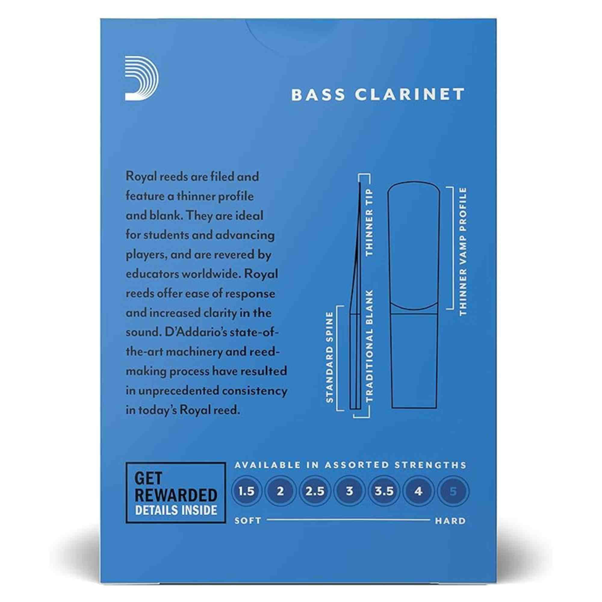 Rico Royal Bass Clarinet Reeds, Box of 10 Strength 2